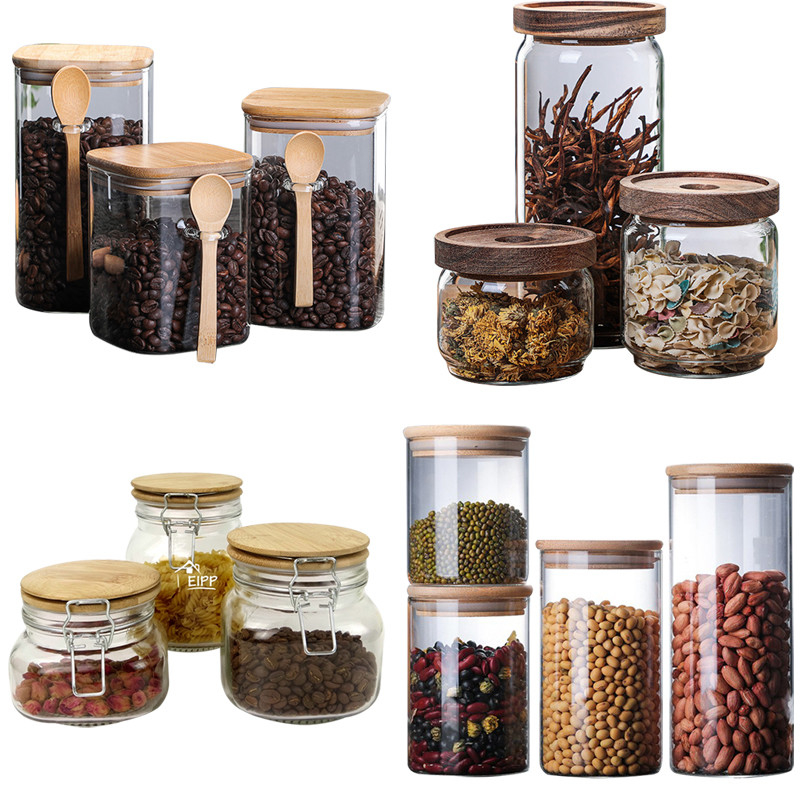 4.52" Transparent Glass Containers With Wood Lids Food Storage 950ml Anti Spill